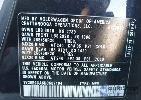 2019 Volkswagen Atlas 3.6L V6 Sel R-Line z USA, uszkodzony, nr VIN 1V2RR2CA5KC587194